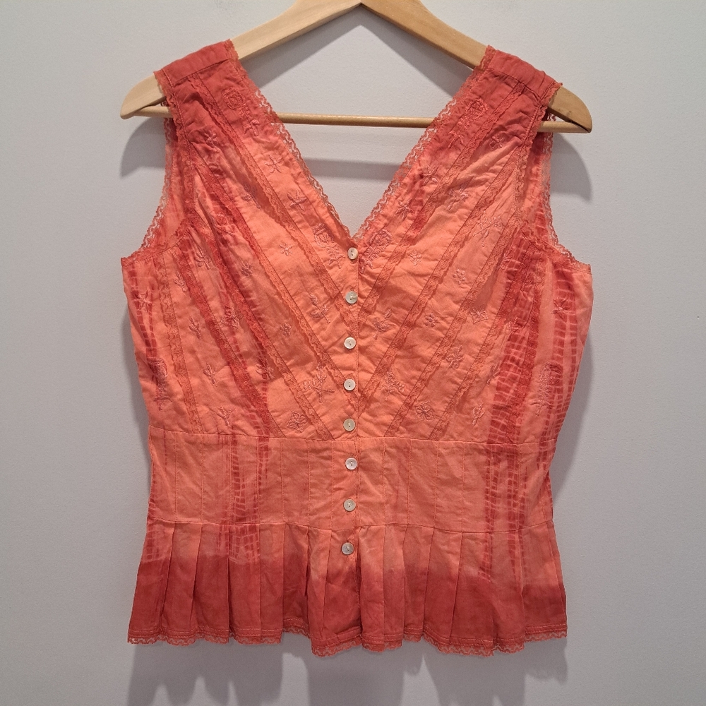 Coral Lace V-Neck Pintuck Boho Coquette Ombre Sleeveless Peplum Top Womens M